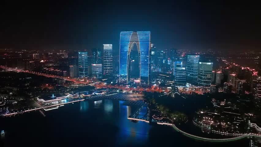 苏州城市景观航拍夜景