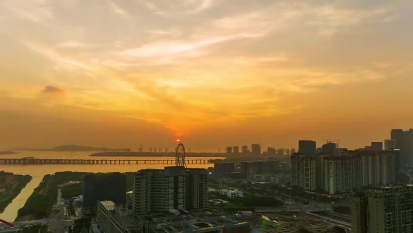 航拍深圳前海夕阳的晚霞