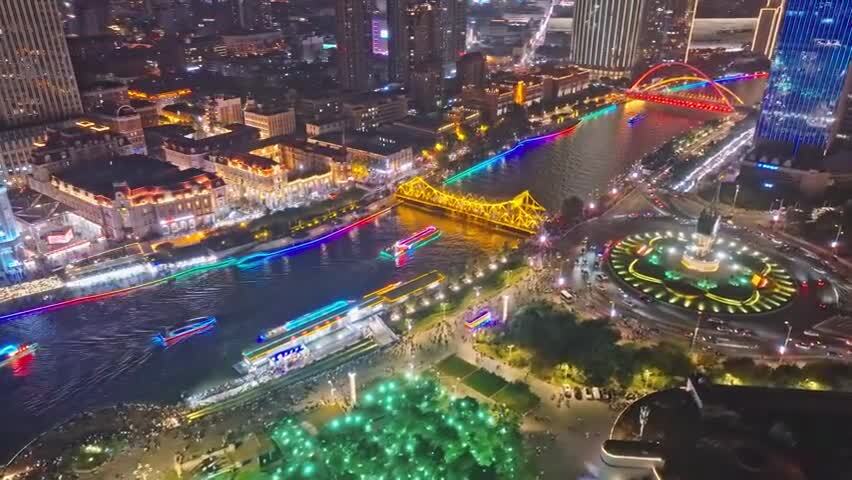 海河游船夜景航拍