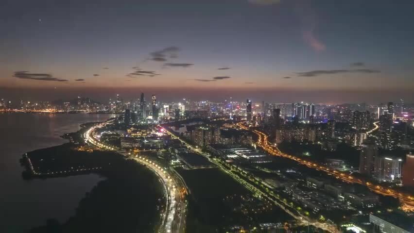 航拍深圳滨河大道和福田南山夜景大范围延时