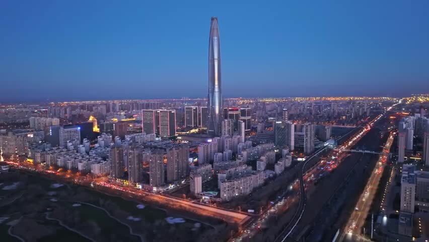 天津滨海地标夜景航拍