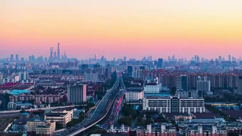 上海宝山远眺陆家嘴夕阳航拍延时