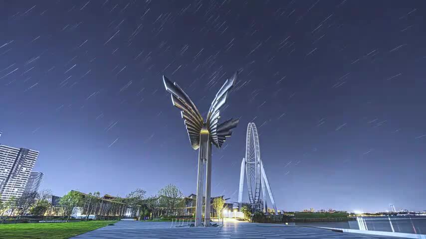 苏州城市宣传地标飞翔雕塑苏州之眼摩天轮星轨延时