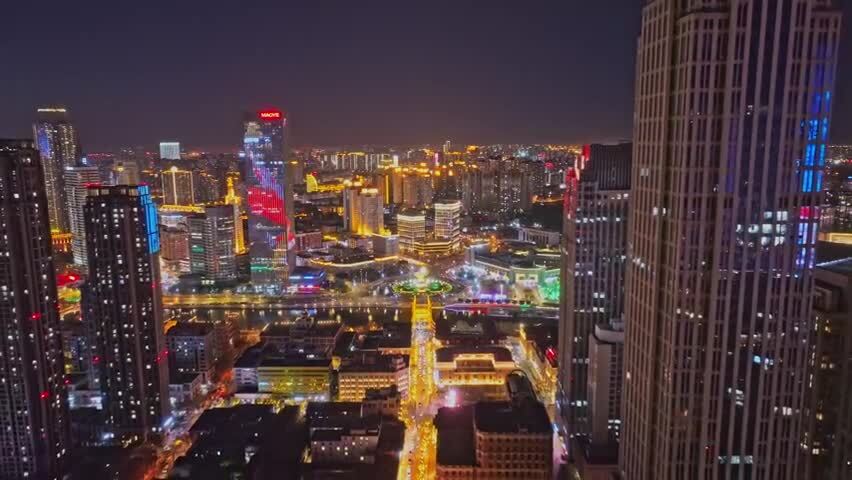 天津解放北路世纪钟解放桥夜景航拍