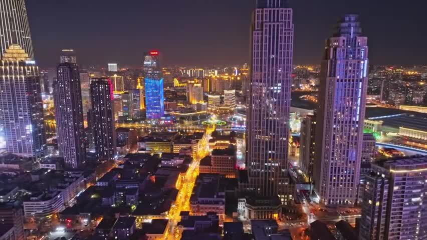 天津和平区解放北路世纪钟解放桥夜景航拍