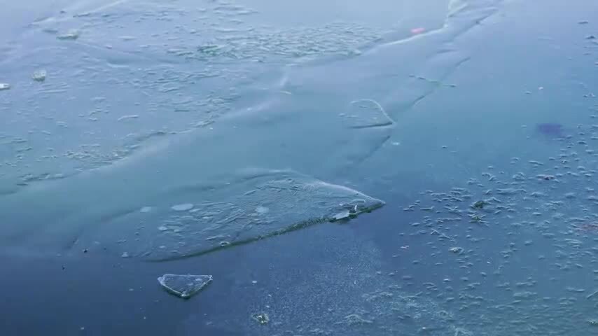 寒潮来临气温下降南京玄武湖公园湖面结冰