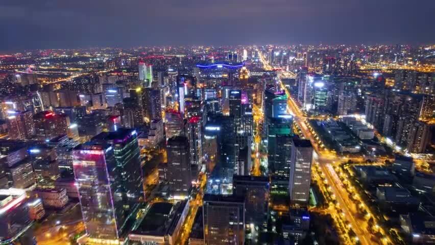 成都高新区软件园环球中心夜景航拍延时摄影