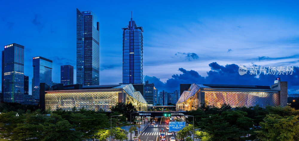 深圳音乐厅与图书馆夜景全景