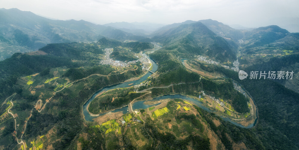 皖南徽州黄山歙县昌溪河山川油菜花全景航拍