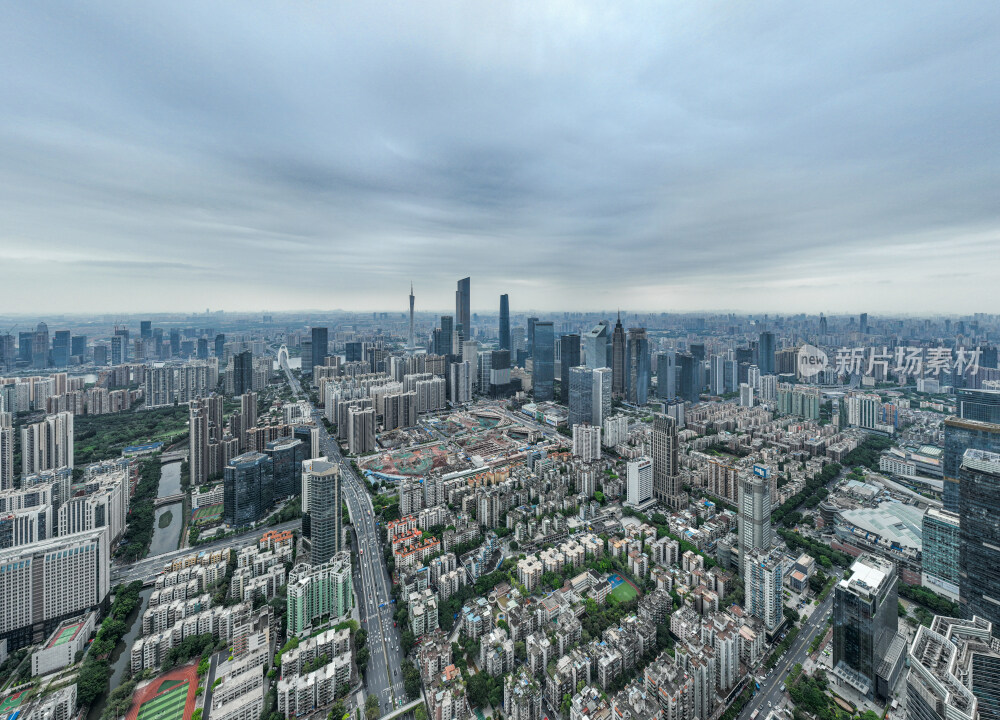 广角全景航拍广州天河城市天际线城市风光