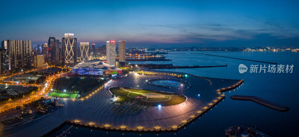 大连市东港音乐喷泉广场傍晚航拍风景