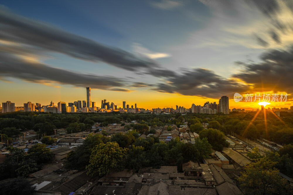 落日黄昏下的北京建筑群天际线