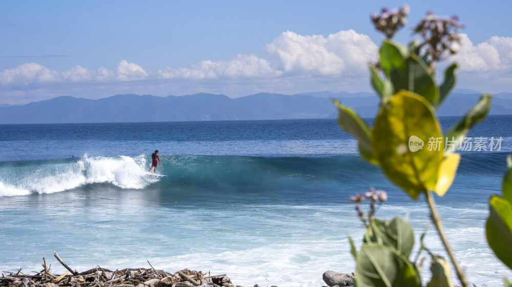 在海边尽情的享受冲浪