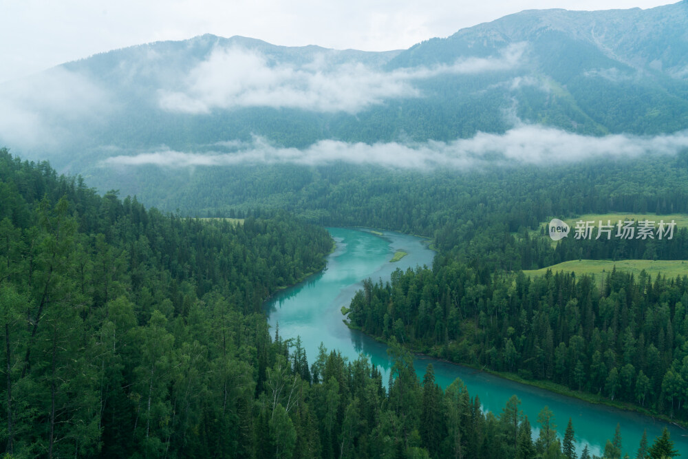 夏天新疆喀纳斯晨雾中的月亮湾风景