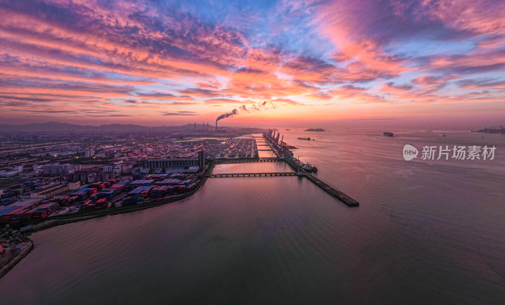 宁波北仑港三期日落晚霞航拍