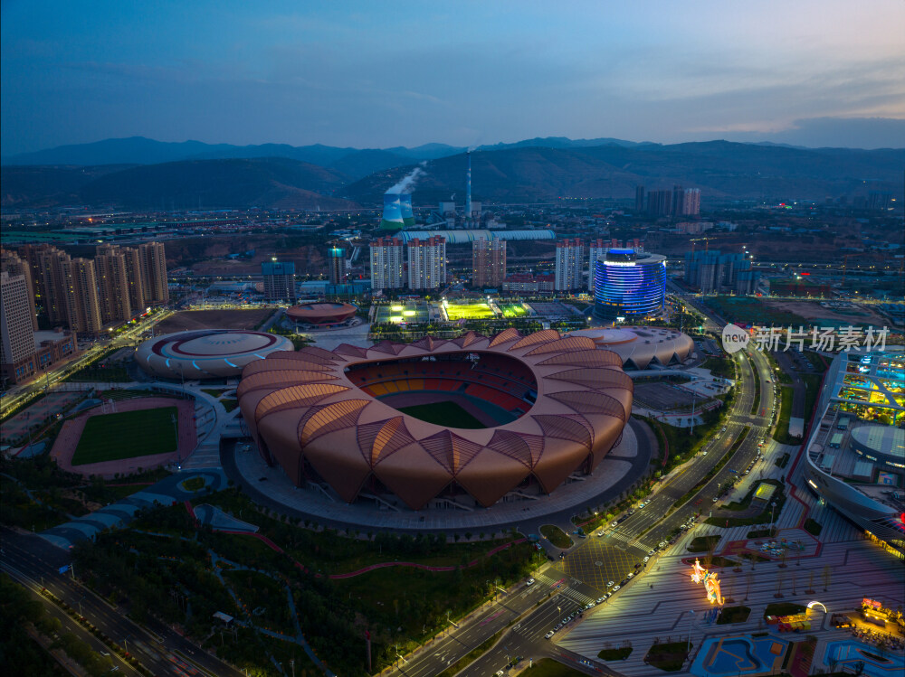 航拍兰州市奥体中心夜景