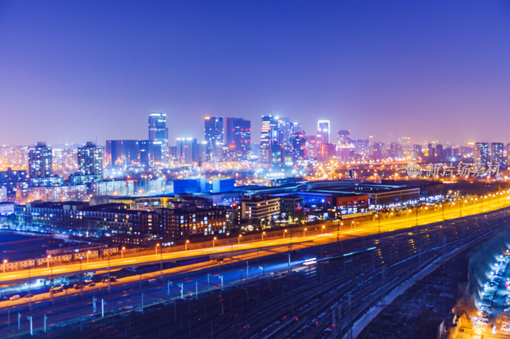 北京城市建筑街道车流高视角夜景