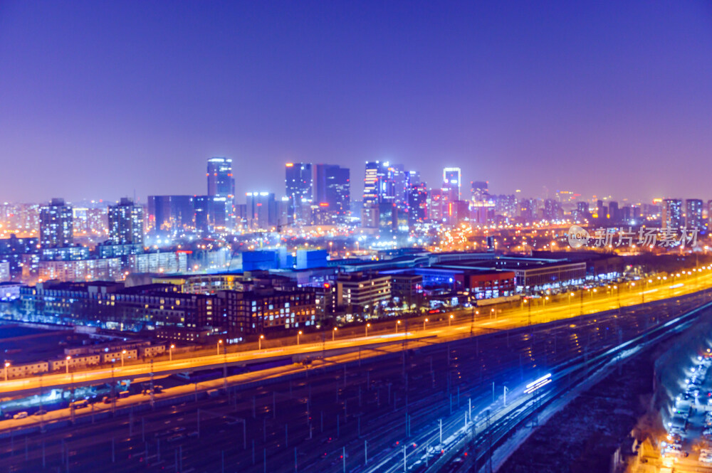 北京城市建筑街道车流高视角夜景