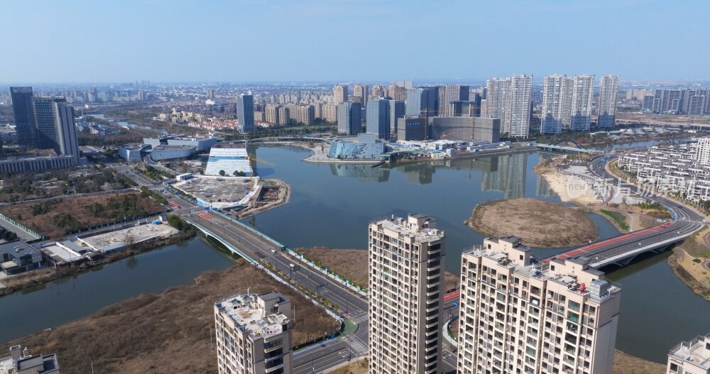 航拍慈溪明月湖周边