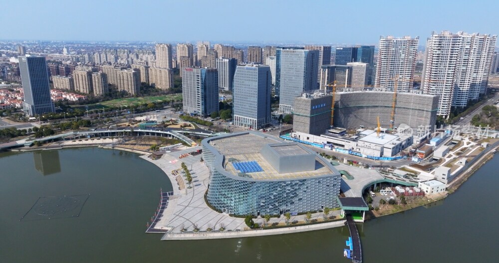 航拍慈溪明月湖周边