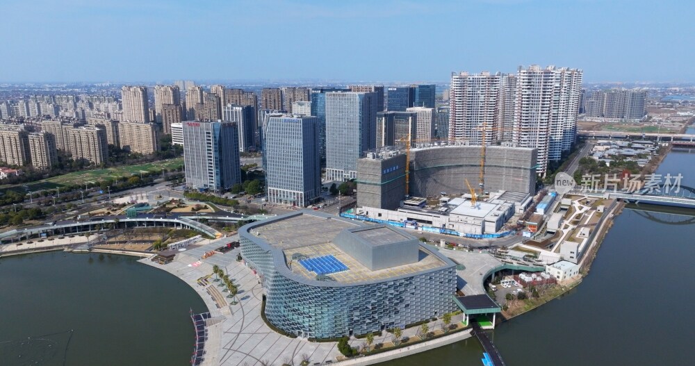 航拍慈溪明月湖周边