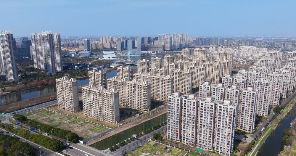 航拍慈溪明月湖周边