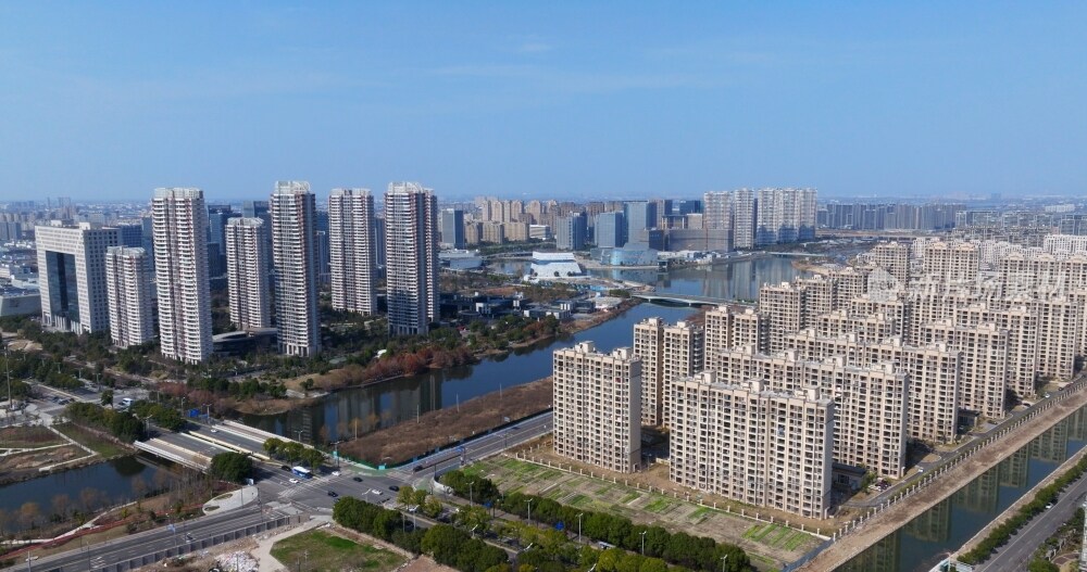 航拍慈溪明月湖周边