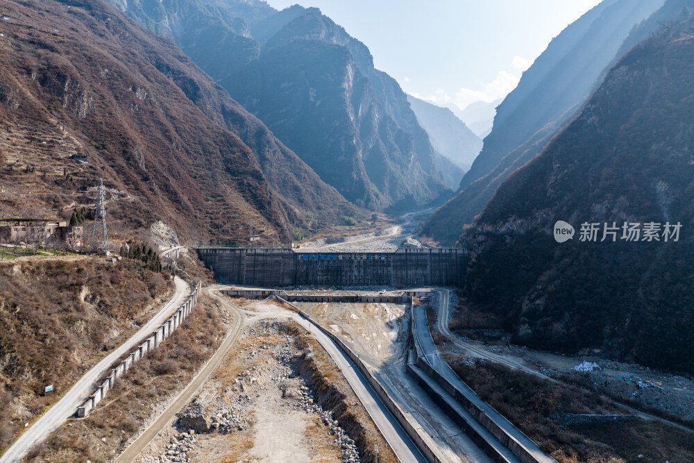 汶川七盘沟地质灾害泥石流拦石坝大坝航拍