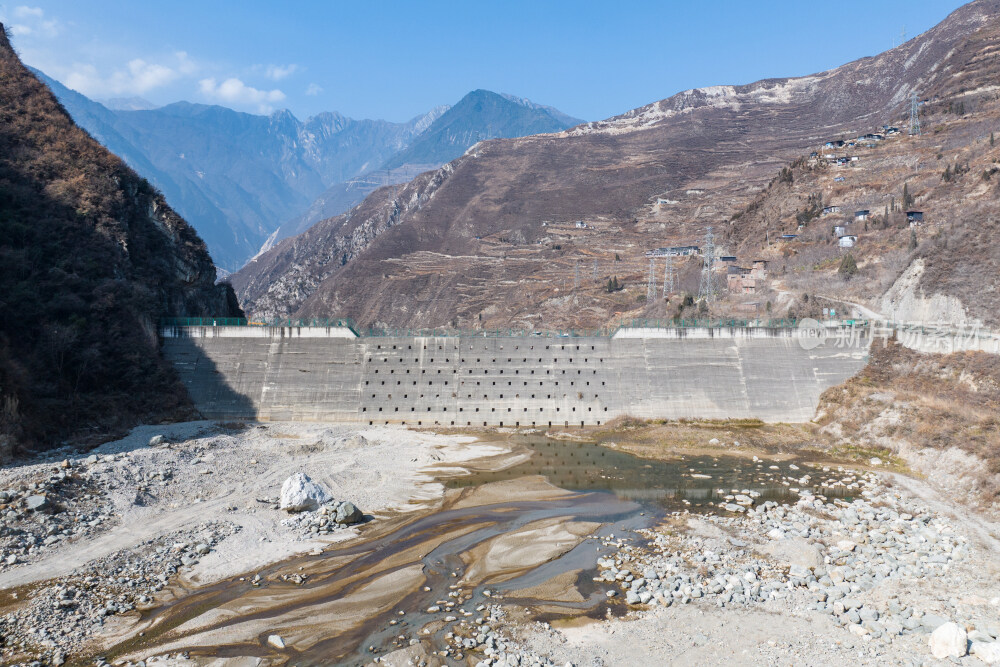 汶川七盘沟地质灾害泥石流拦石坝大坝航拍