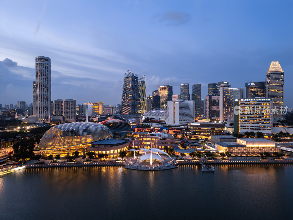 新加坡滨海湾金沙海滨奥林匹克蓝调夜景航拍