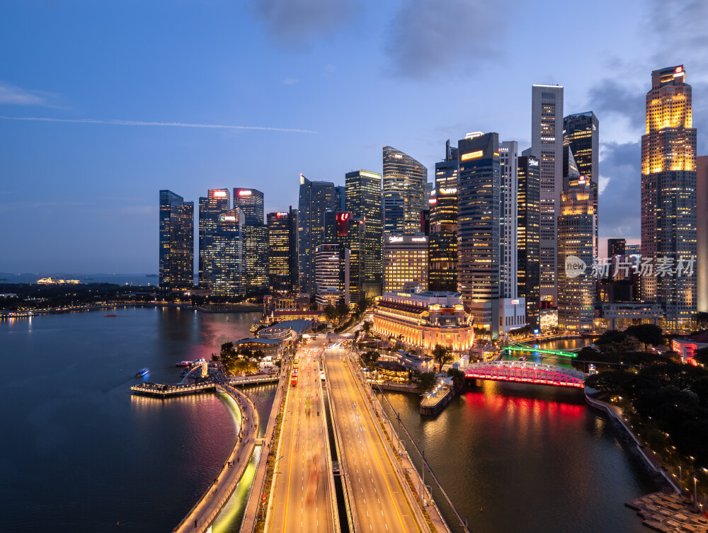 新加坡滨海湾金沙海滨奥林匹克蓝调夜景航拍