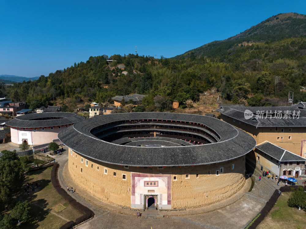 福建漳州永定客家土楼群建筑高空航拍