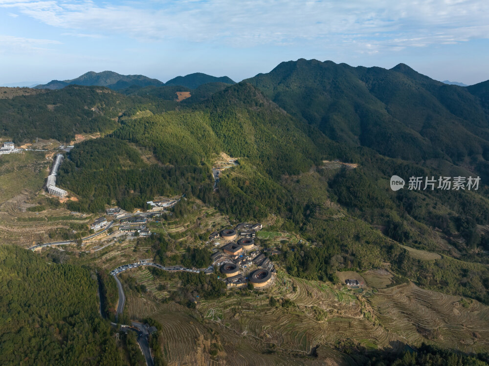福建漳州永定云水谣客家土楼群建筑高空航拍