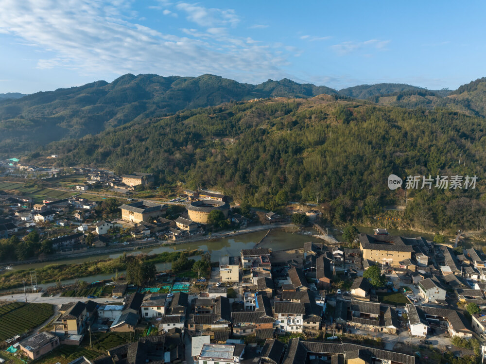 福建漳州永定云水谣客家土楼群建筑高空航拍