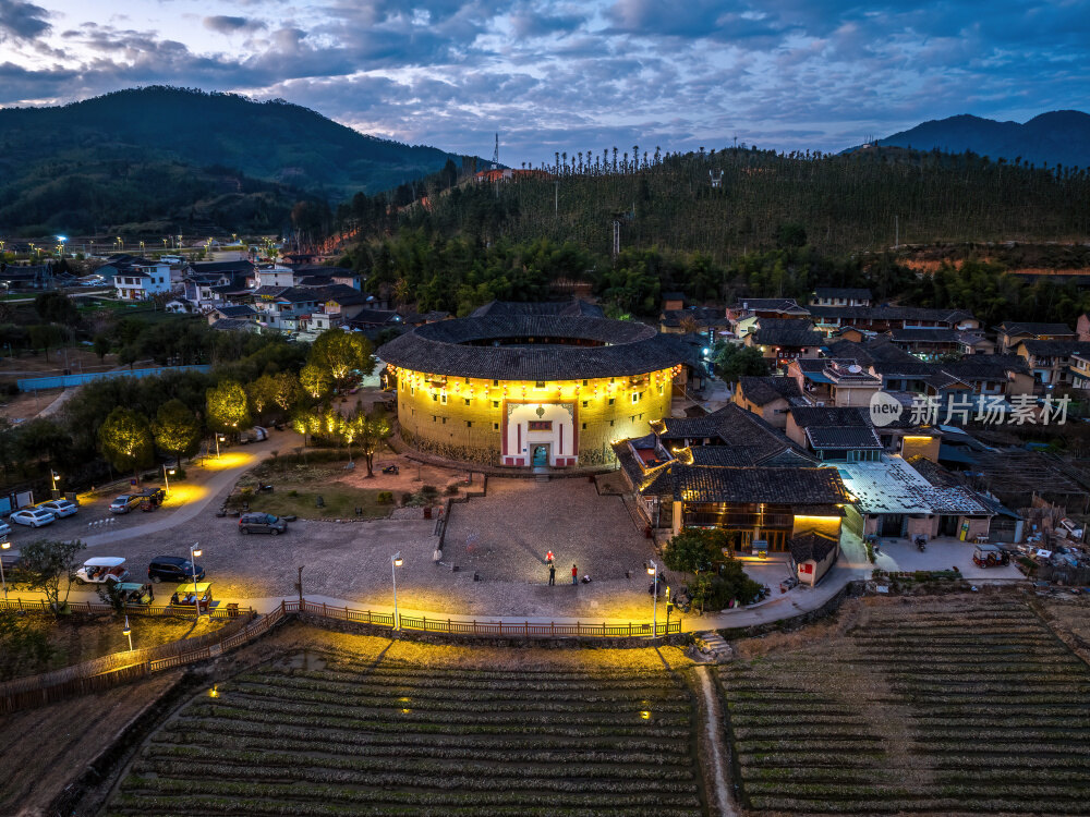 福建漳州永定云水谣客家土楼群建筑高空航拍