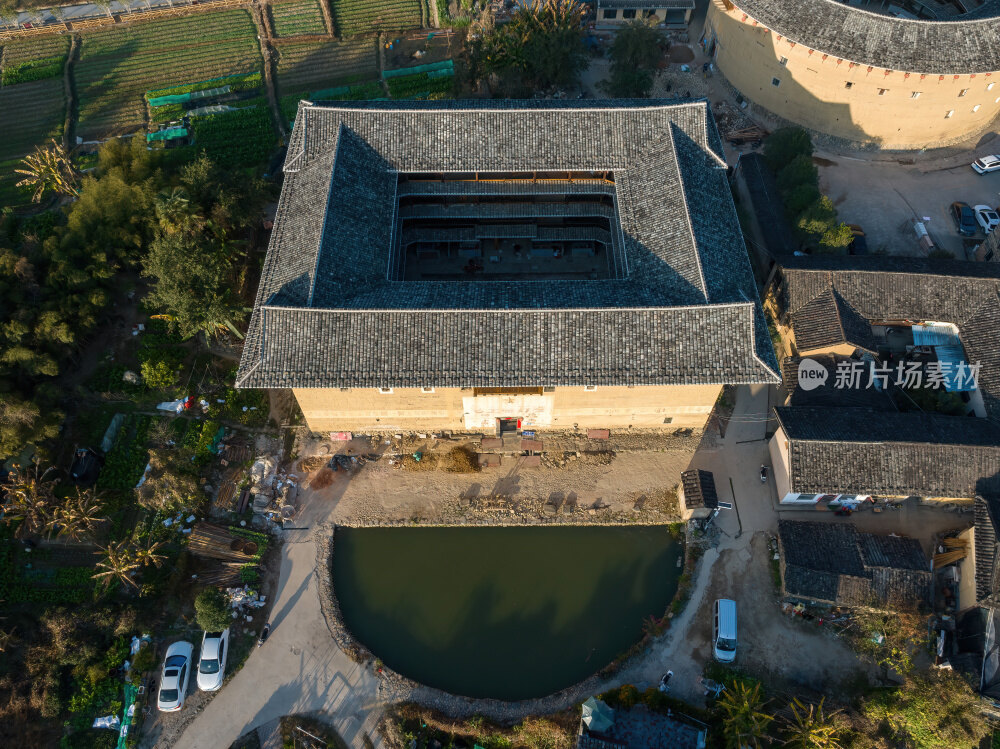 福建漳州永定云水谣客家土楼群建筑高空航拍