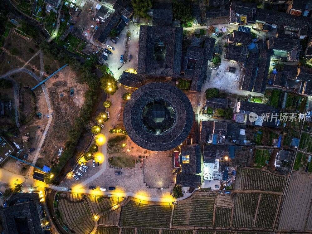福建漳州永定云水谣客家土楼群建筑高空航拍