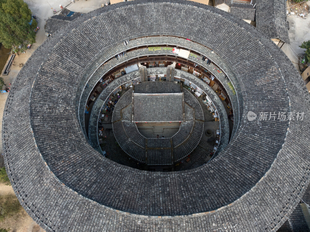 福建漳州永定云水谣客家土楼群建筑高空航拍