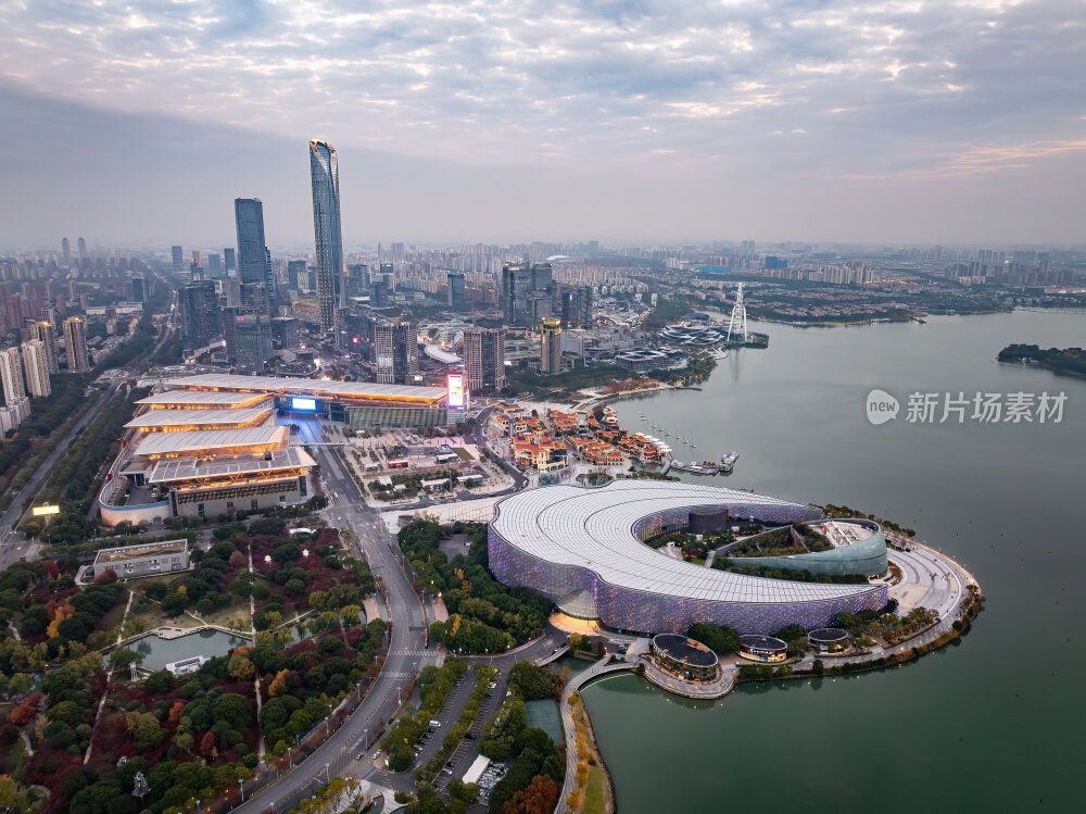 江苏苏州金鸡湖东方之门CBD日落夜景航拍