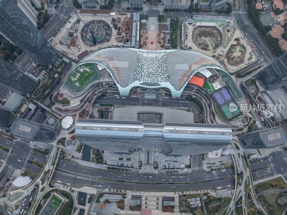 江苏苏州金鸡湖东方之门CBD日落夜景航拍