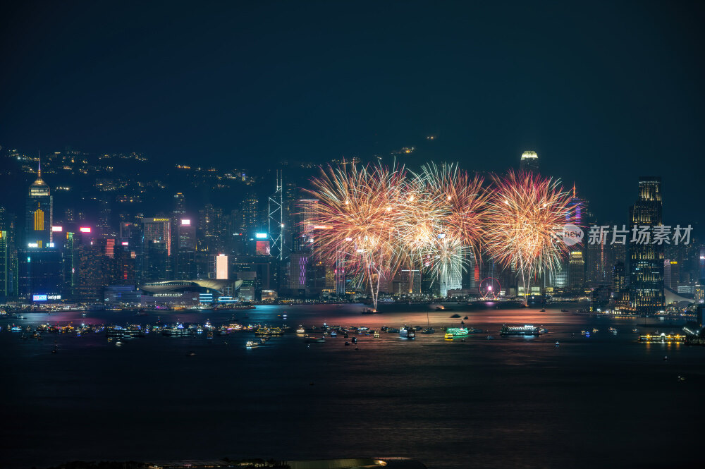 香港飞鹅山国庆维多利亚港CBD夜景烟花秀