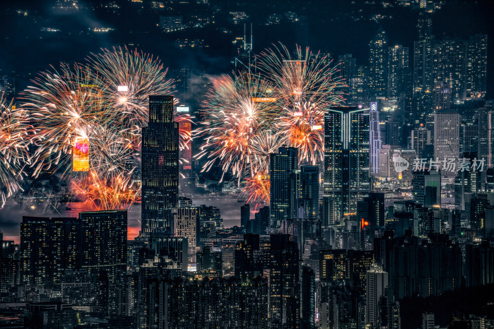 香港飞鹅山国庆维多利亚港CBD夜景烟花秀