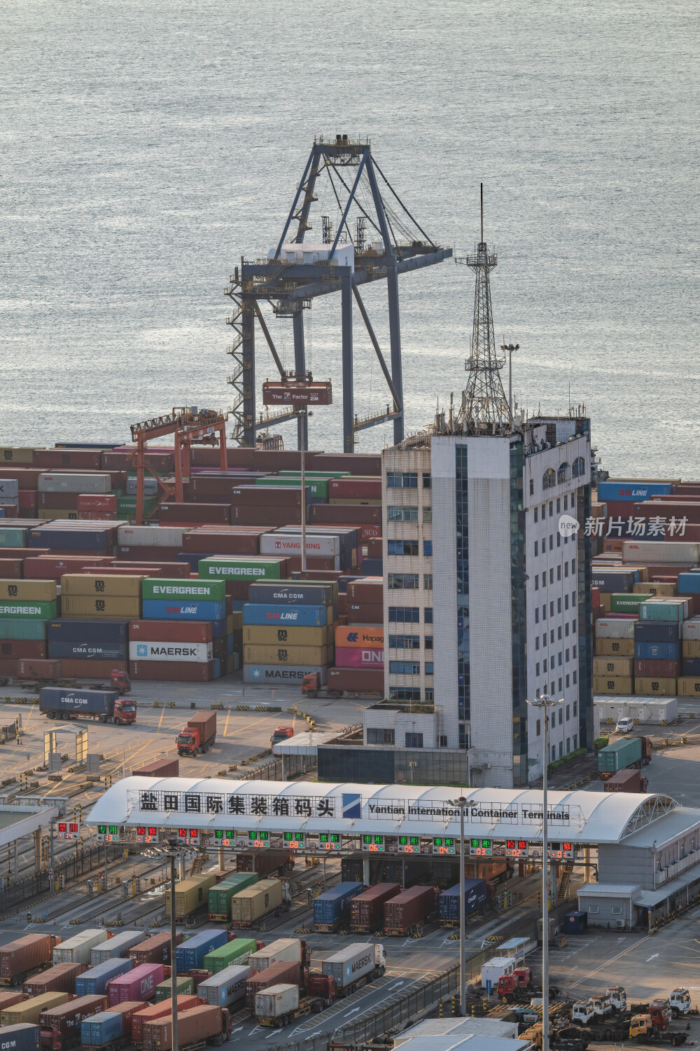 深圳盐田港繁忙港口货物集装箱日出夜景蓝调