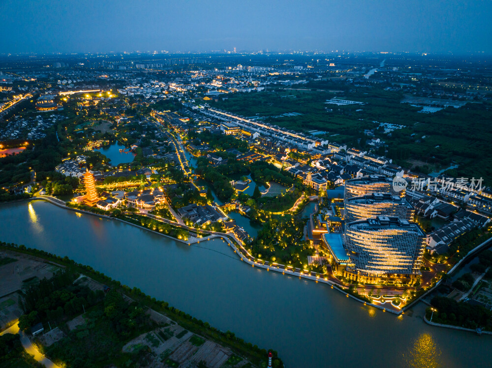 航拍江南水乡古镇乌镇景区夜景