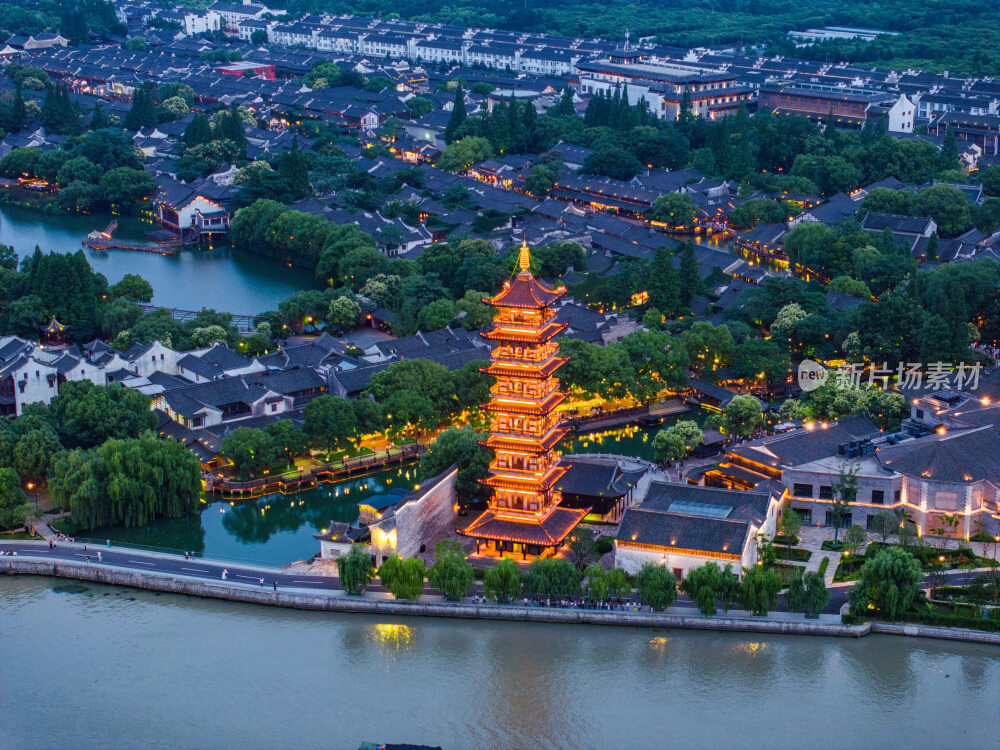 航拍江南水乡古镇乌镇景区夜景