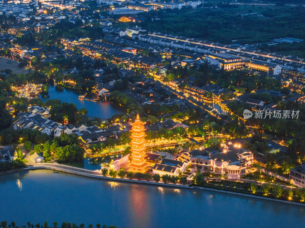 航拍江南水乡古镇乌镇景区夜景