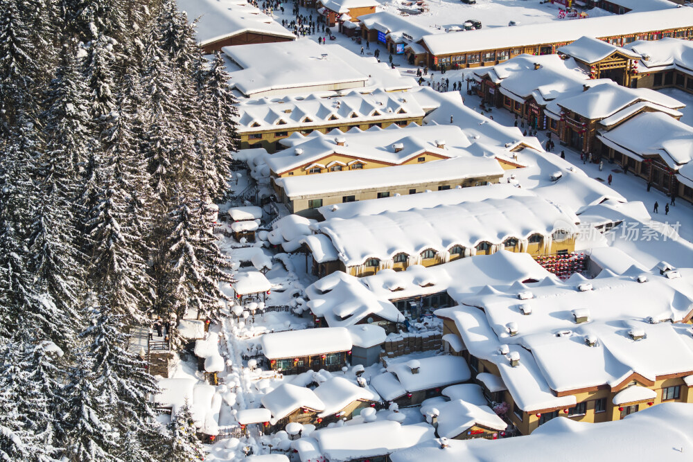 中国雪乡雪景雪房子航拍大景拍摄