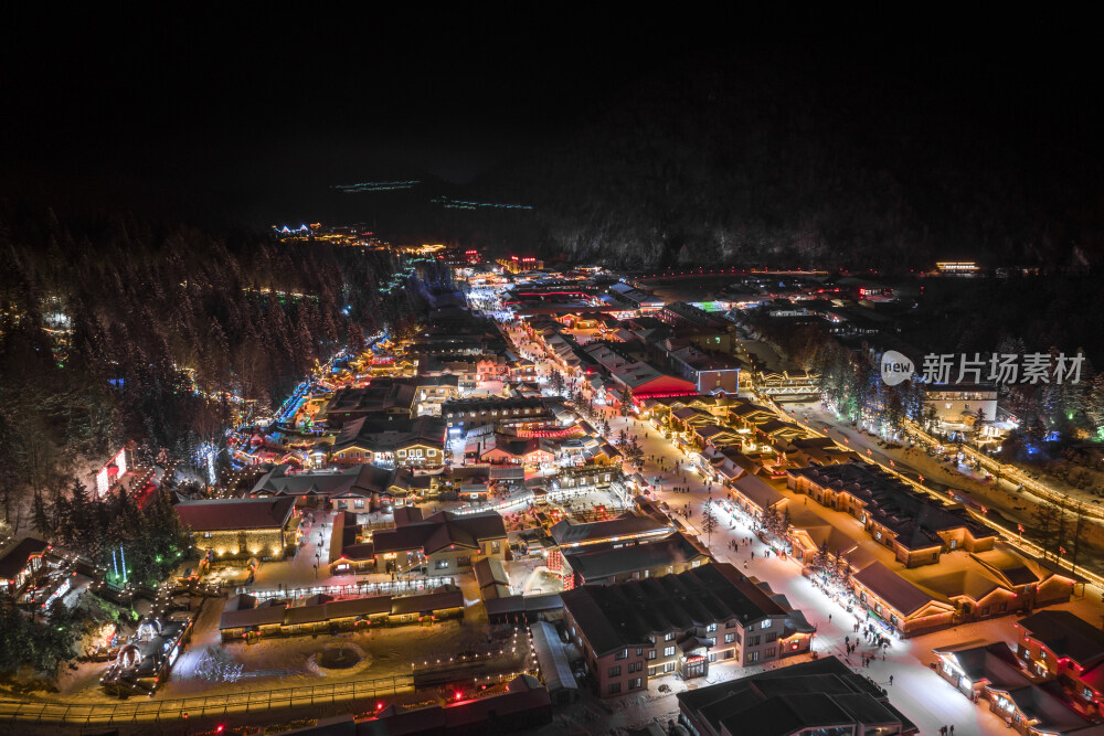 中国雪乡雪景雪房子航拍大景拍摄