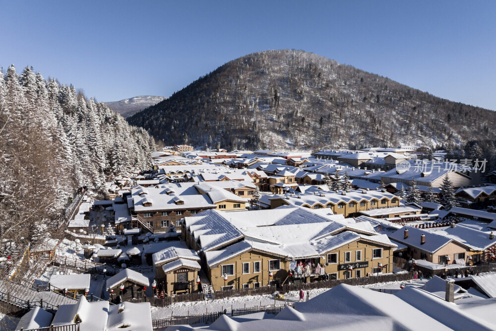 中国雪乡雪景雪房子航拍大景拍摄