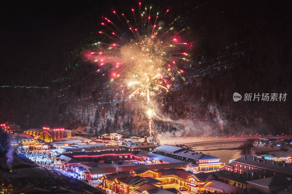 中国雪乡雪景雪房子航拍大景拍摄